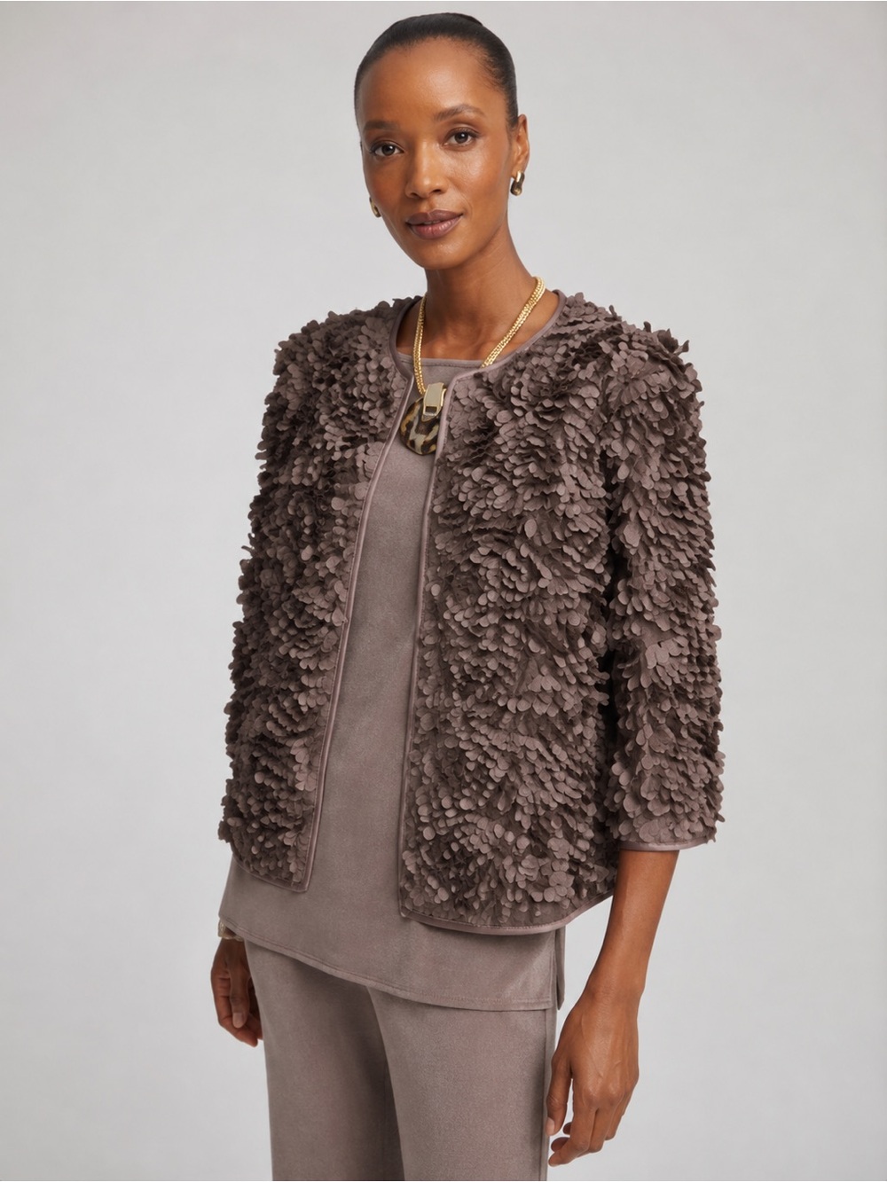 Chico's Textured Rosette Jacket in Deep Taupe Brown